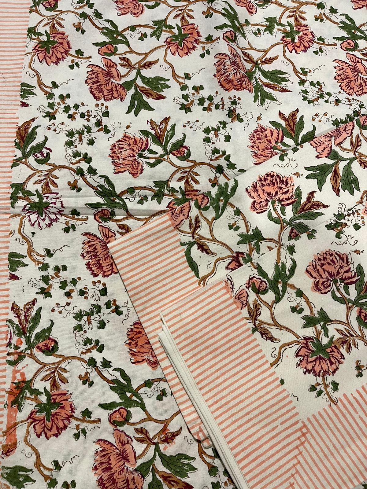 Pink Floral Cotton Flat sheet/Bed sheet Hand Block print - Rooii by Tuvisha