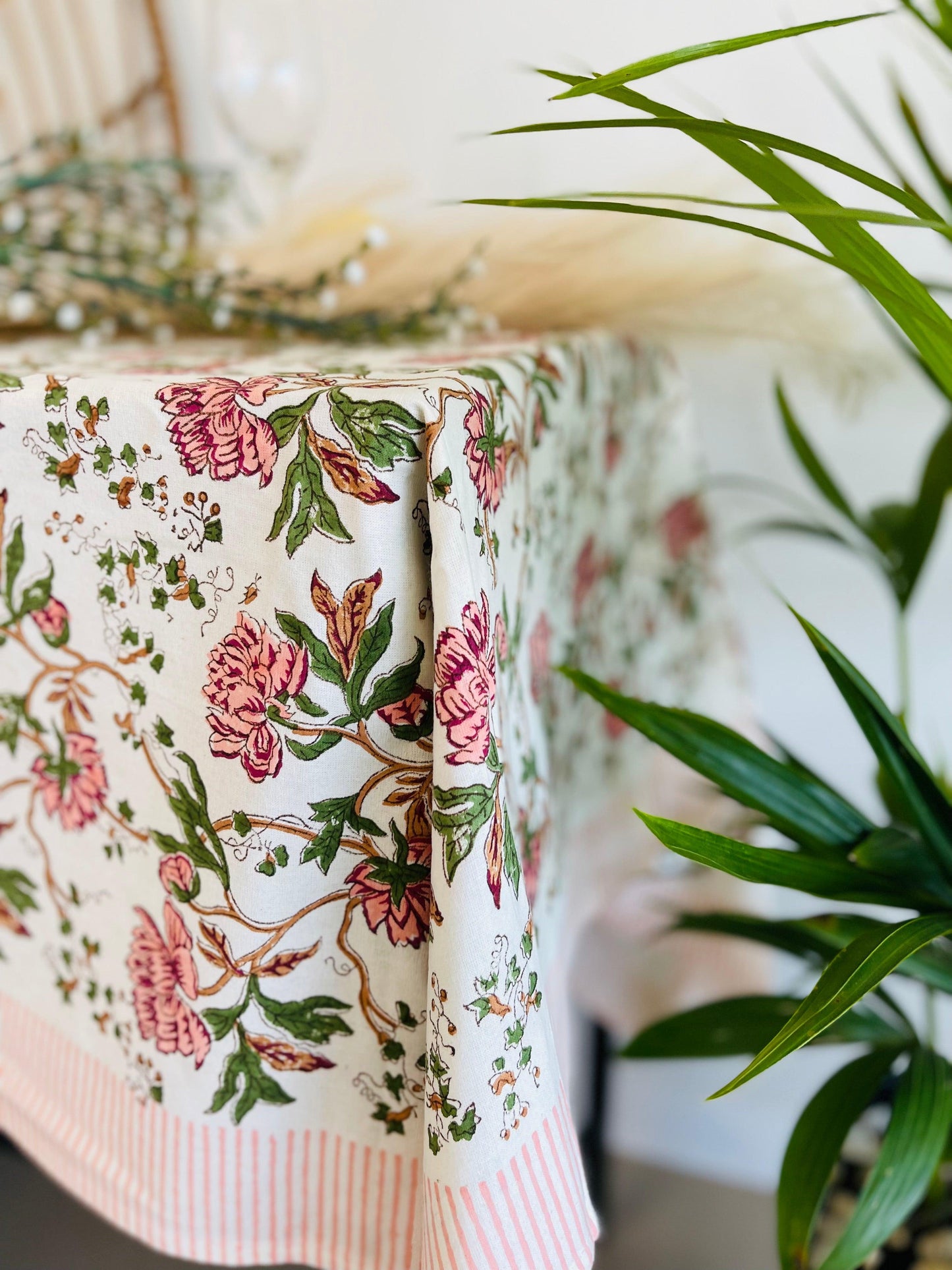 Pink Floral Cotton Table cloth Hand Block print - Rooii by Tuvisha