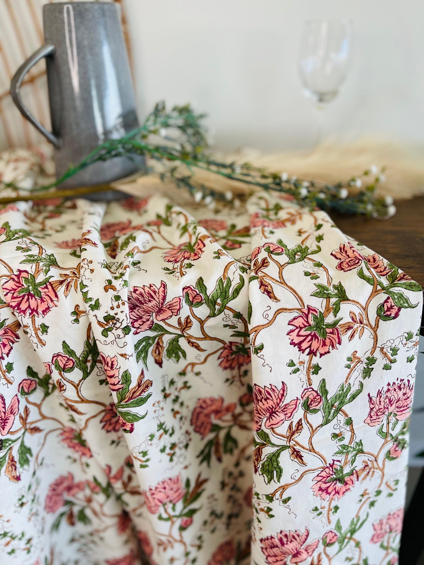 Pink Floral Cotton Table cloth Hand Block print - Rooii by Tuvisha