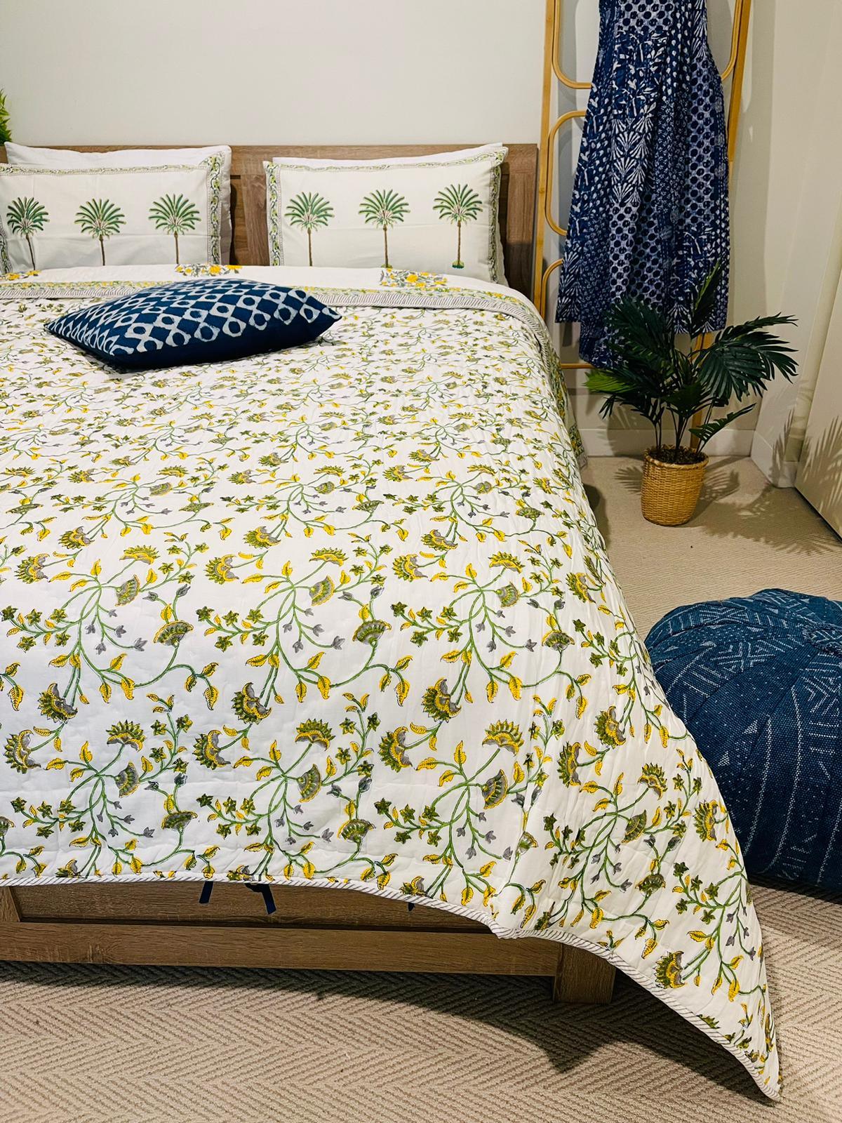 Yellow Floral Cotton Filled Quilt/Bedspread Hand Block Print - Rooii by Tuvisha