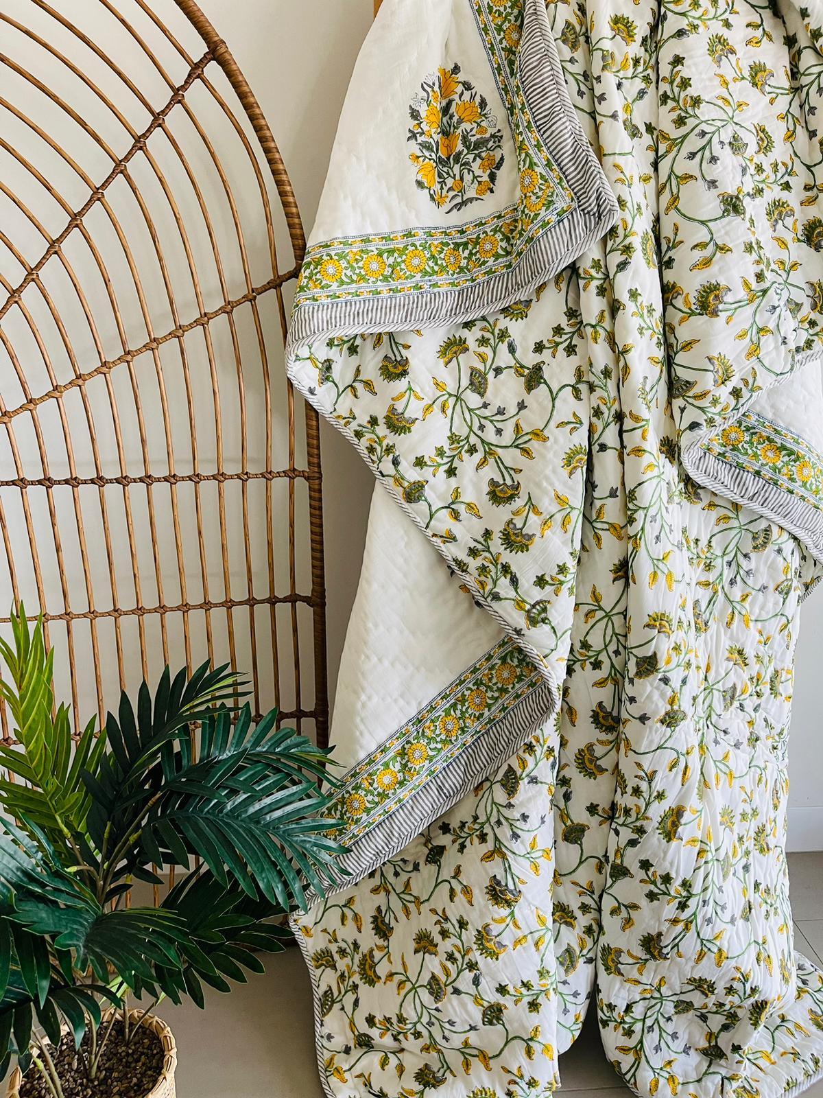 Yellow Floral Cotton Filled Quilt/Bedspread Hand Block Print - Rooii by Tuvisha
