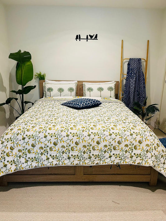 Yellow Floral Cotton Quilt Cover Hand Block Print Queen Size - Rooii by Tuvisha