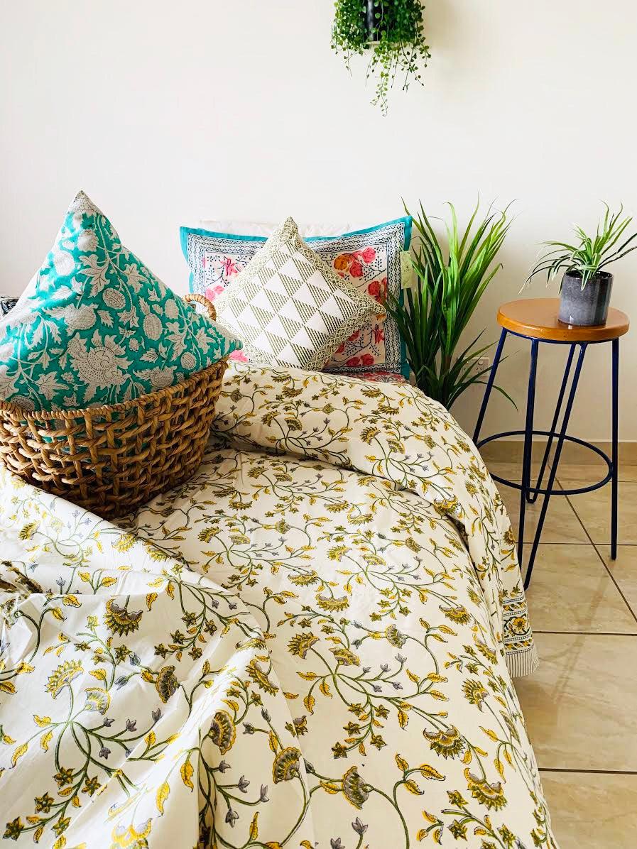 Yellow Floral Cotton Quilt Cover Hand Block Print Queen Size - Rooii by Tuvisha