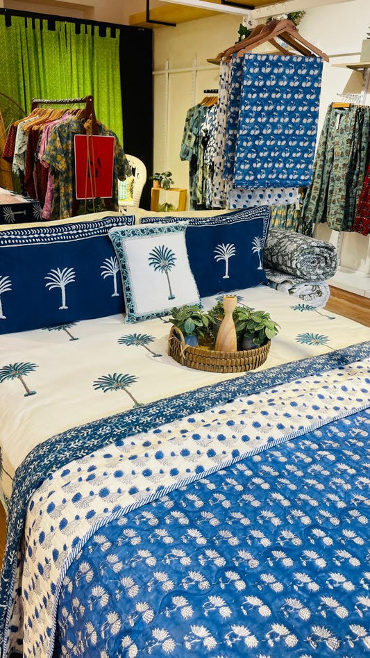 Royal Blue Lotus Hand block print Cotton filled Quilt/Bedspread - Rooii by Tuvisha