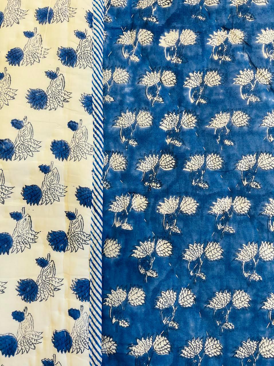 Royal Blue Lotus Hand block print Cotton filled Quilt/Bedspread - Rooii by Tuvisha