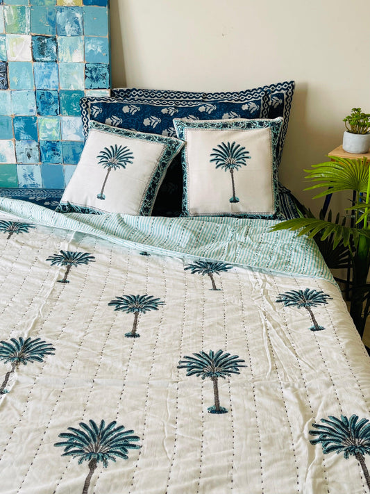 Cotton Kantha summer quilt/ Bedspread/ Coverlet/Throw/Blanket - Fresh Blue Palm Tree Hand block printed Kantha Quilt - Rooii by Tuvisha