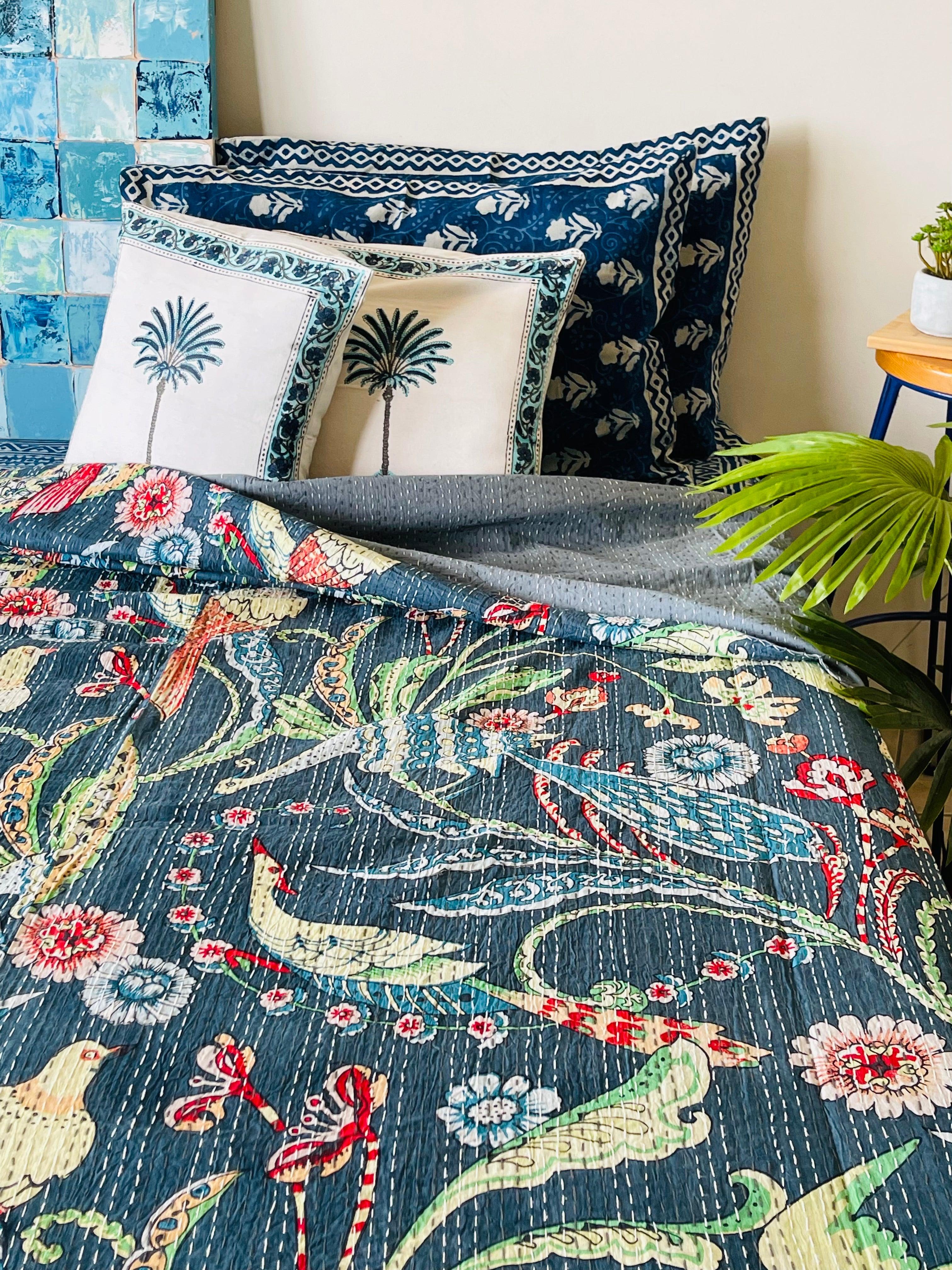 Blue Peacock Kantha Quilt : Cotton Coverlet | Rooii by Tuvisha