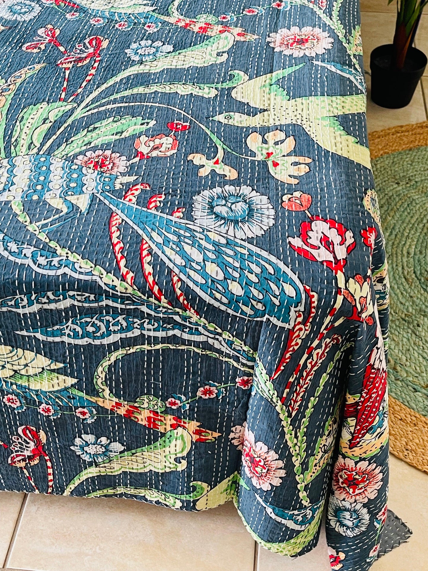 Blue Peacock Kantha/ Bedspread/ Coverlet - Rooii by Tuvisha
