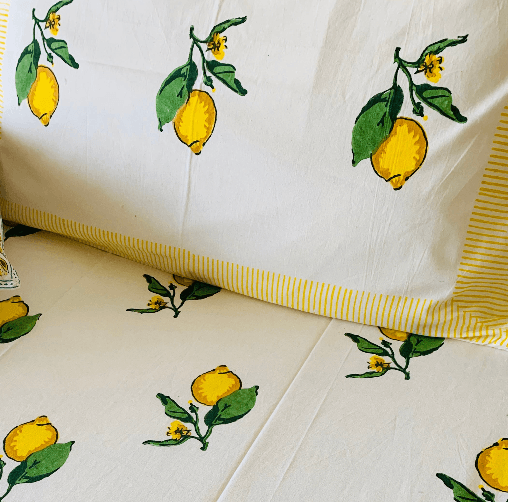 Cotton pillow cover - Lemon Hand block printed pillow cover (set of 2) - Rooii by Tuvisha