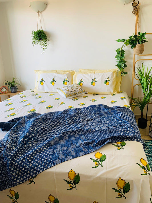 Cotton Throw - Indigo Patchwork Hand stitched cotton single bed Throw - Rooii by Tuvisha