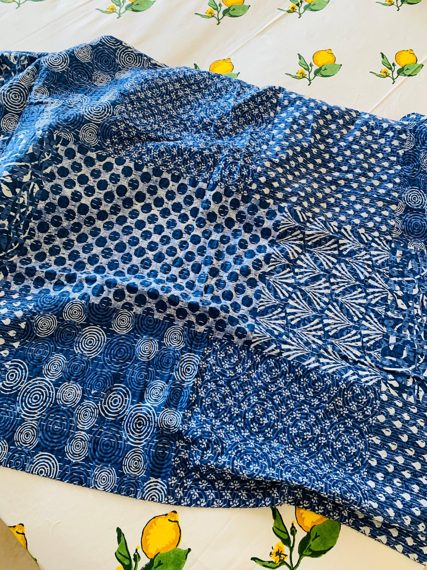 Cotton Throw - Indigo Patchwork Hand stitched cotton single bed Throw - Rooii by Tuvisha