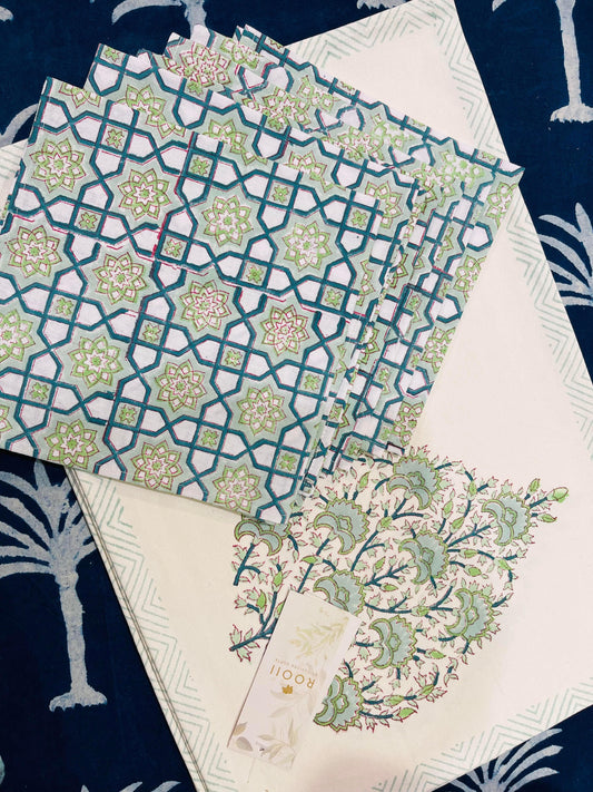 Cotton Table mats and napkin - Green Floral Buta Hand block printed (set of 6) - Rooii by Tuvisha