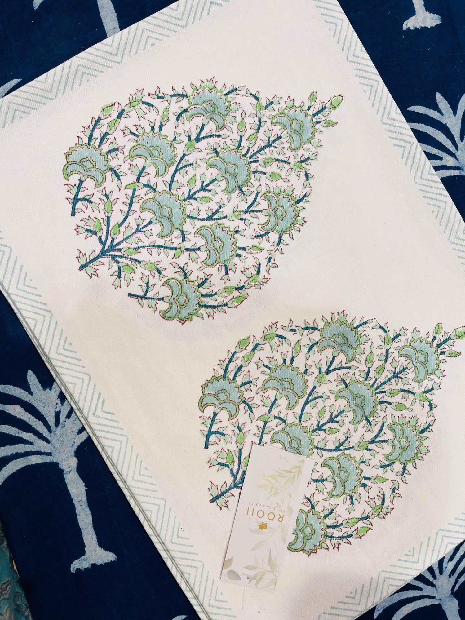 Cotton Table mats and napkin - Green Floral Buta Hand block printed (set of 6) - Rooii by Tuvisha