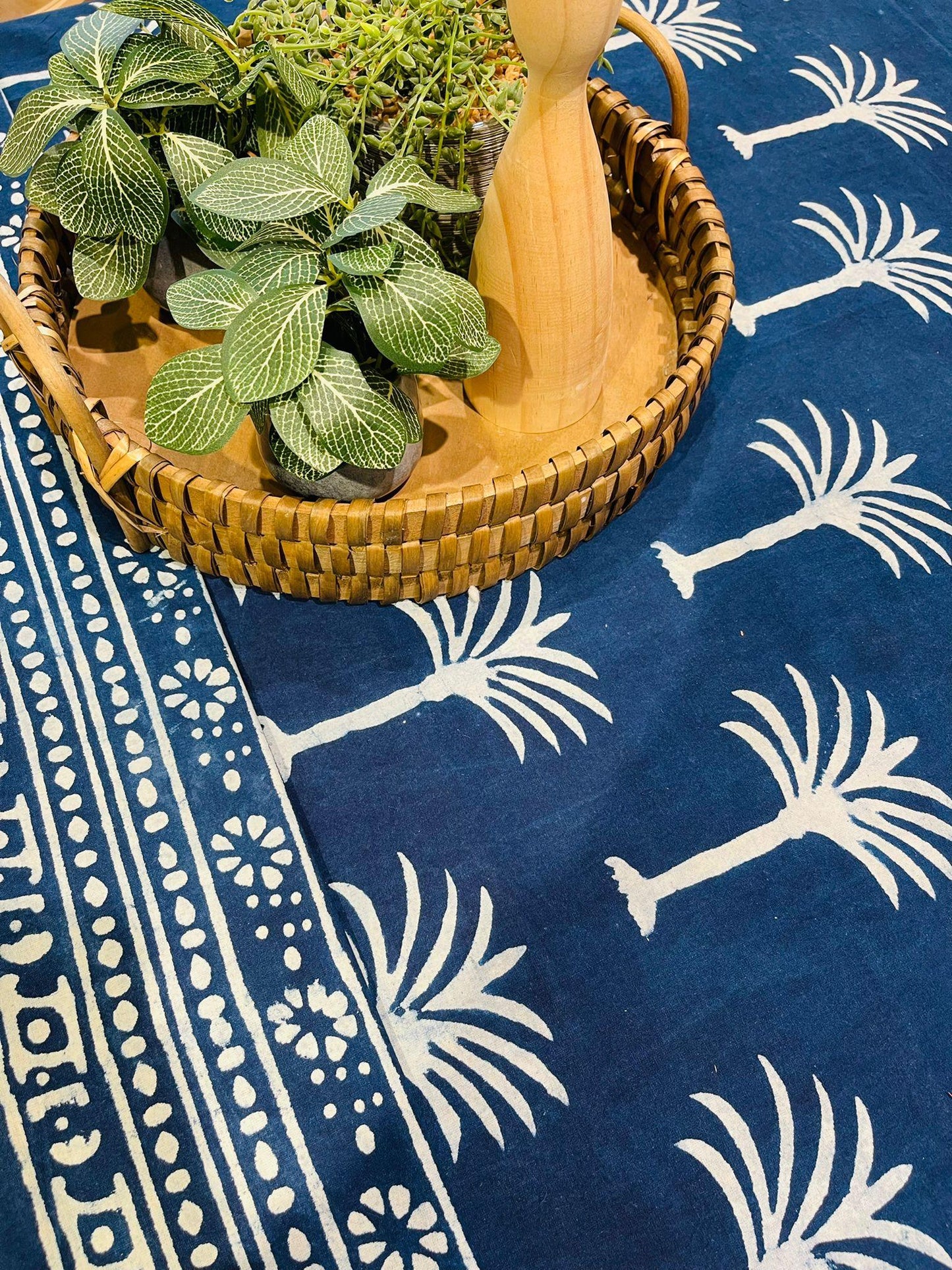Cotton Table cloth - Indigo Palm tree hand block print - Rooii by Tuvisha