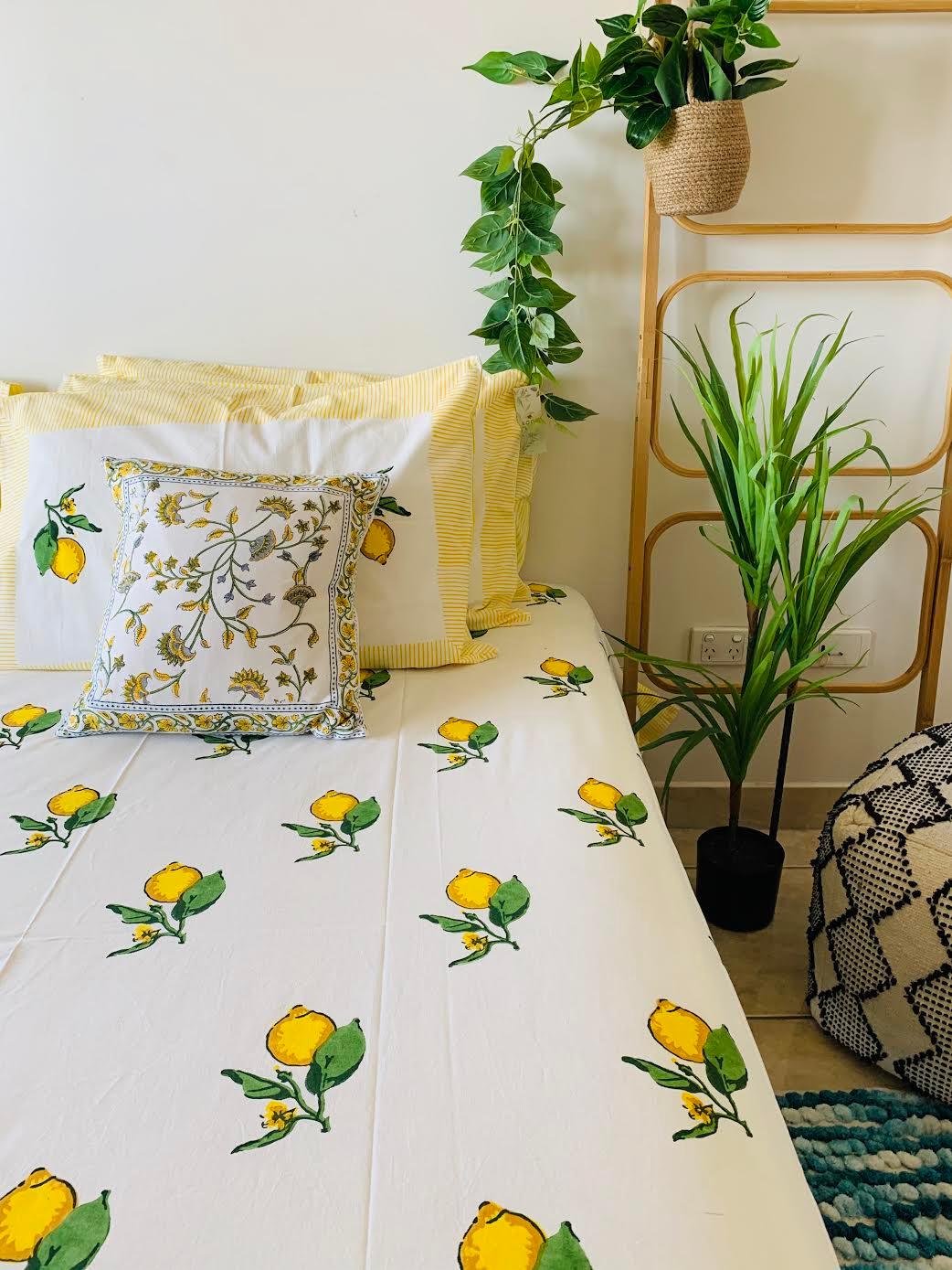Cotton Bed sheet/Flat sheet - Lemon Hand block Printed Sheet (King size) - Rooii by Tuvisha