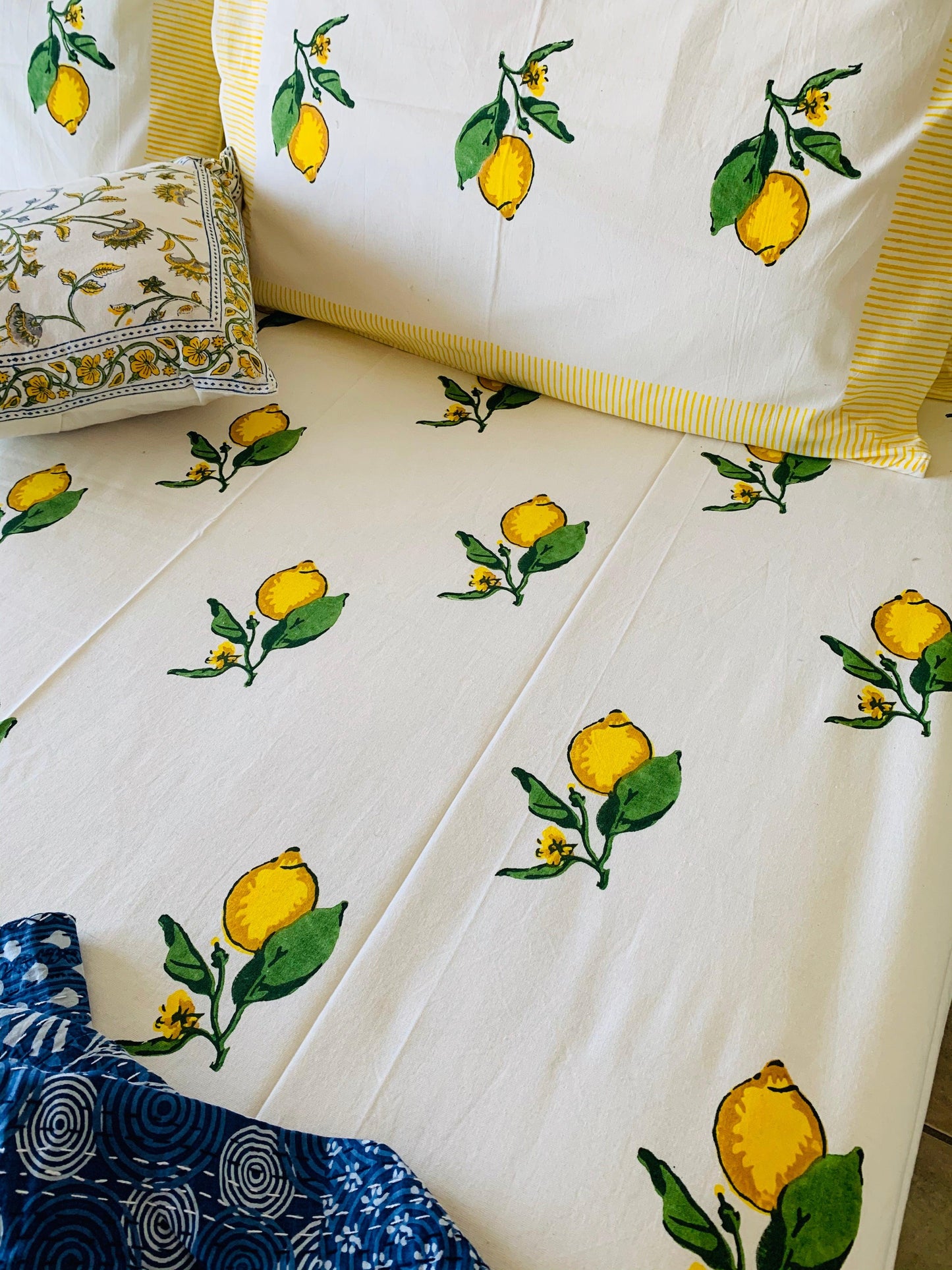 Cotton Bed sheet/Flat sheet - Lemon Hand block Printed Sheet (King size) - Rooii by Tuvisha