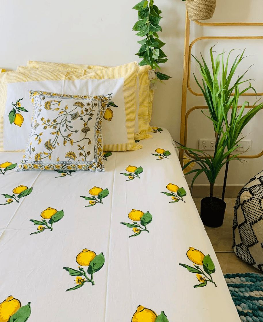 Cotton Bed sheet/Flat sheet - Lemon Hand block Printed Sheet (Queen size) - Rooii by Tuvisha
