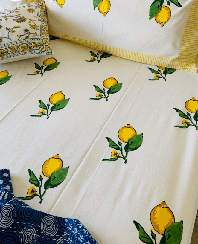 Cotton Bed sheet/Flat sheet - Lemon Hand block Printed Sheet (Queen size) - Rooii by Tuvisha