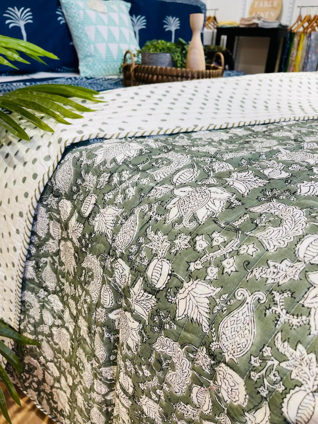 Cotton Bedcover/Bedspread/Quilt - Sage Floral Hand block printed Bedcover - Rooii by Tuvisha