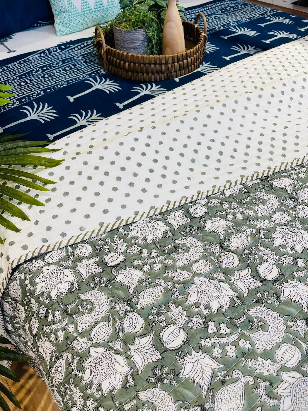 Cotton Bedcover/Bedspread/Quilt - Sage Floral Hand block printed Bedcover - Rooii by Tuvisha