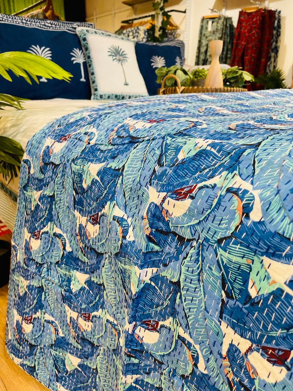 Cotton Kantha Quilt/Bedspread/Coverlet/Throw - Tropical Leaf Hand stitched Kantha Quilt - Rooii by Tuvisha