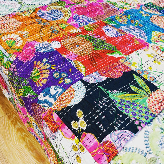Cotton Throw - Mutli color Patchwork Hand stitched Cotton Single bed Throw - Rooii by Tuvisha